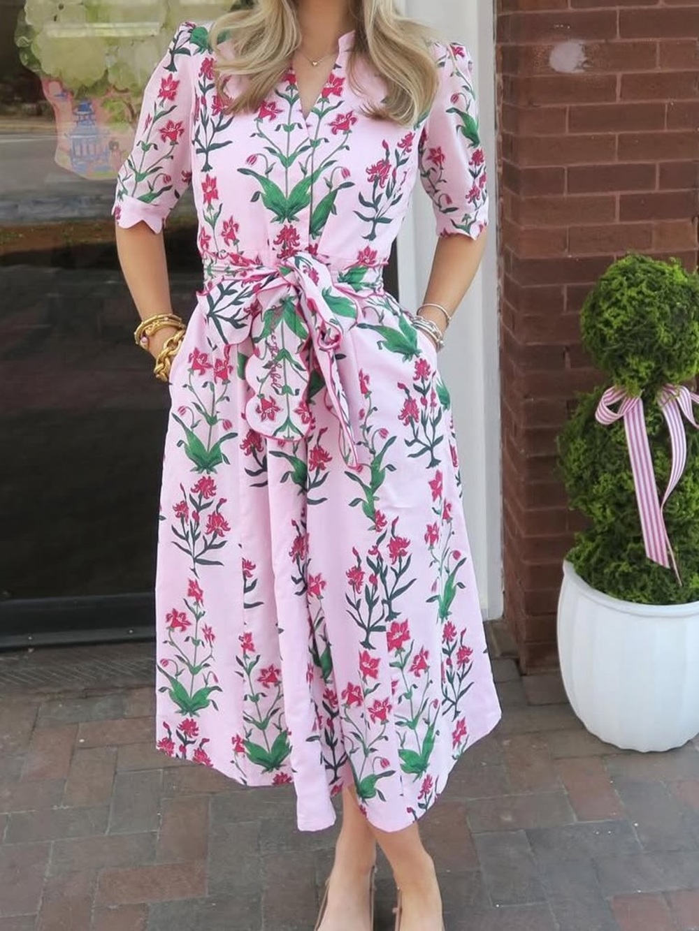 Boutique Floral Pink Button-Front Midi Dress